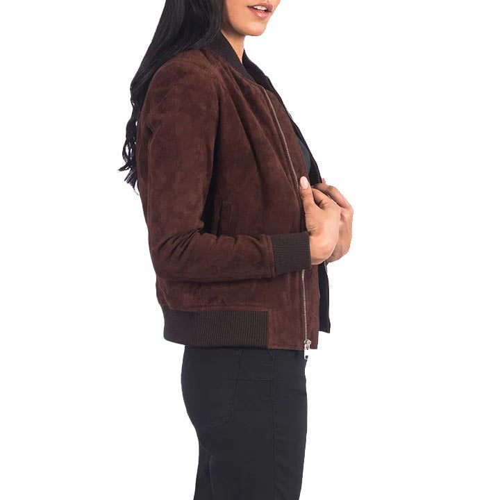 Women Brown Suede Leather Bomber Jacket - AMSEL LEATHERS