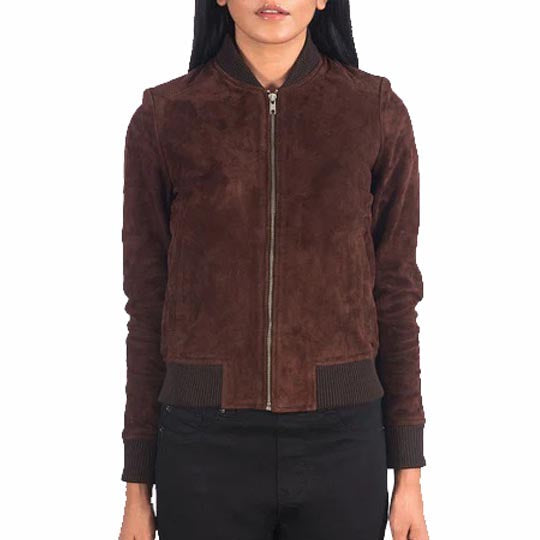 Women Brown Suede Leather Bomber Jacket - AMSEL LEATHERS