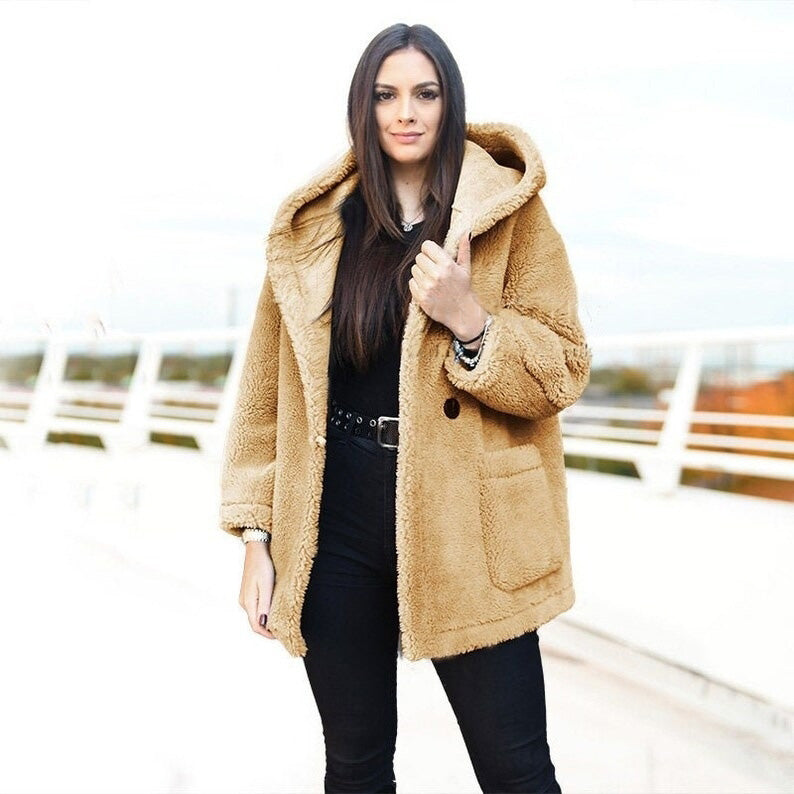 Women Shearling Jacket Oversize Hooded Teddy Coat - AMSEL LEATHERS