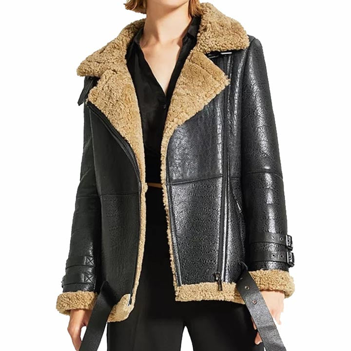 Women Oversized Black Sheepskin Shearling Leather Jacket Coat - AMSEL LEATHERS