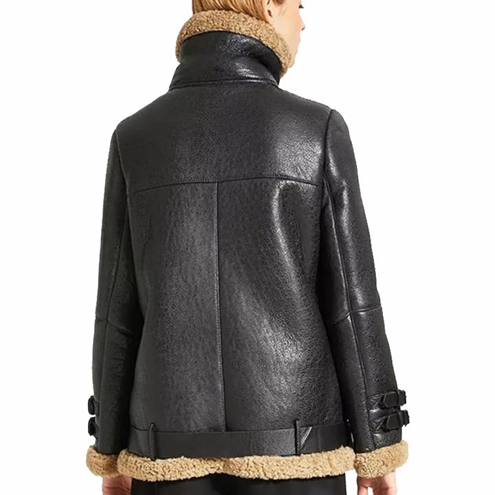 Women Oversized Black Sheepskin Shearling Leather Jacket Coat - AMSEL LEATHERS