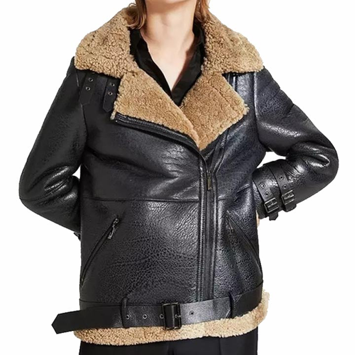 Women Oversized Black Sheepskin Shearling Leather Jacket Coat - AMSEL LEATHERS