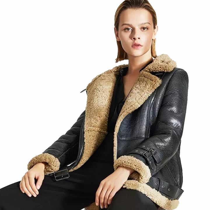 Women Oversized Black Sheepskin Shearling Leather Jacket Coat - AMSEL LEATHERS