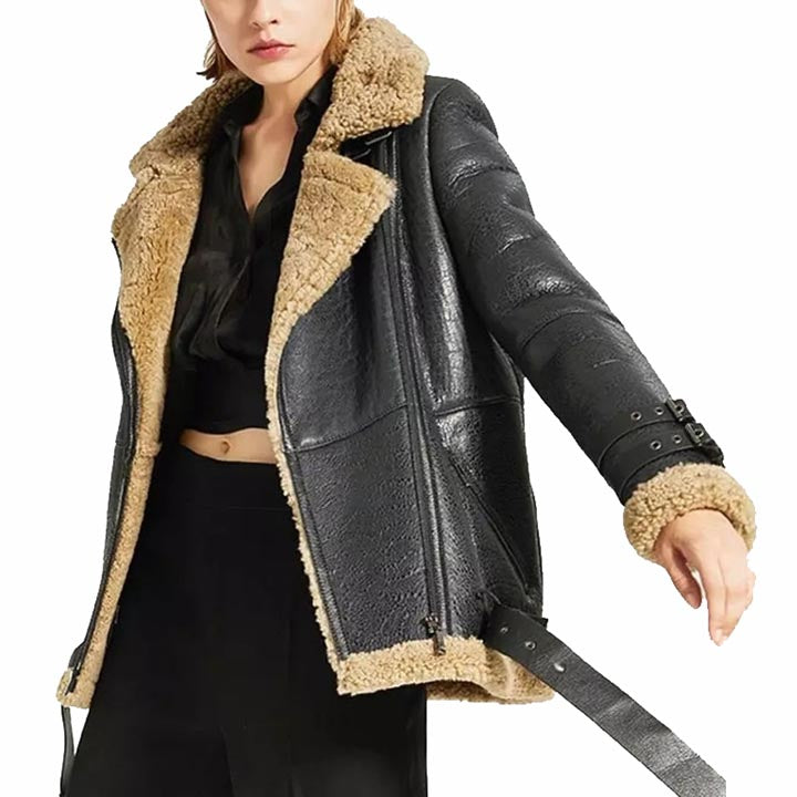 Women Oversized Black Sheepskin Shearling Leather Jacket Coat - AMSEL LEATHERS