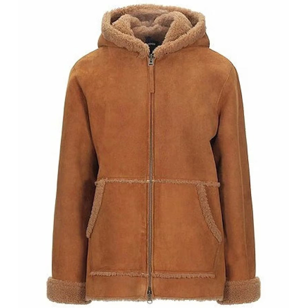 Women RAF B3 Bomber Pilot Suede Leather Shearling Jacket with Hooded Collar - AMSEL LEATHERS