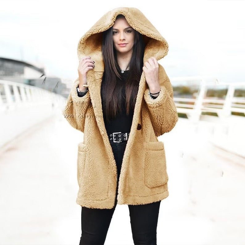 Women Shearling Jacket Oversize Hooded Teddy Coat - AMSEL LEATHERS