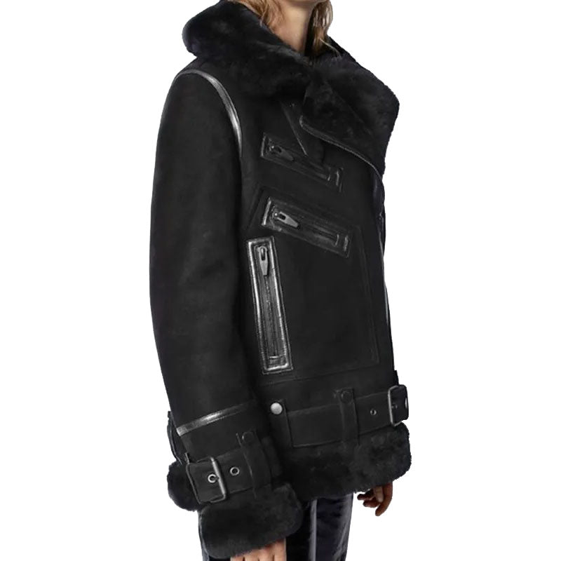 Women's Black Suede Shearling Leather Jacket - AMSEL LEATHERS