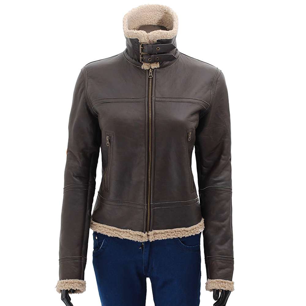 Women Dark Brown Bomber Shearling Leather Jacket - AMSEL LEATHERS