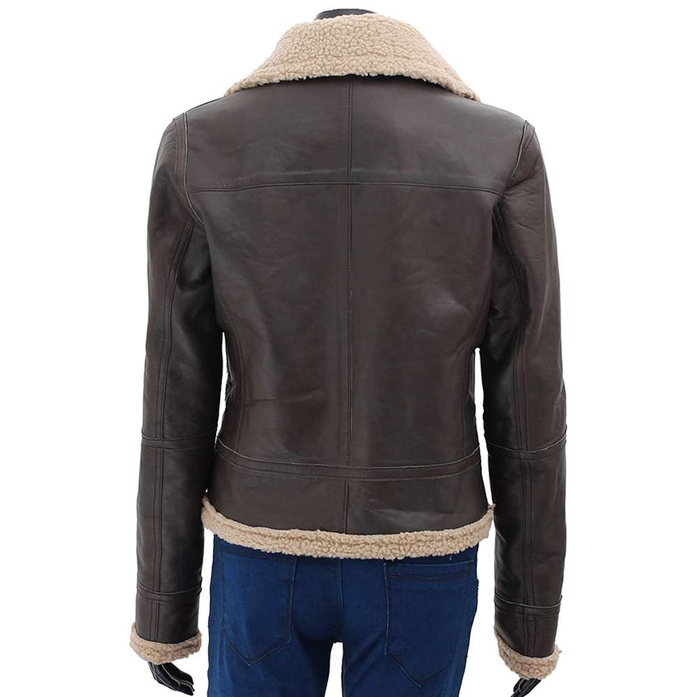 Women Dark Brown Bomber Shearling Leather Jacket - AMSEL LEATHERS