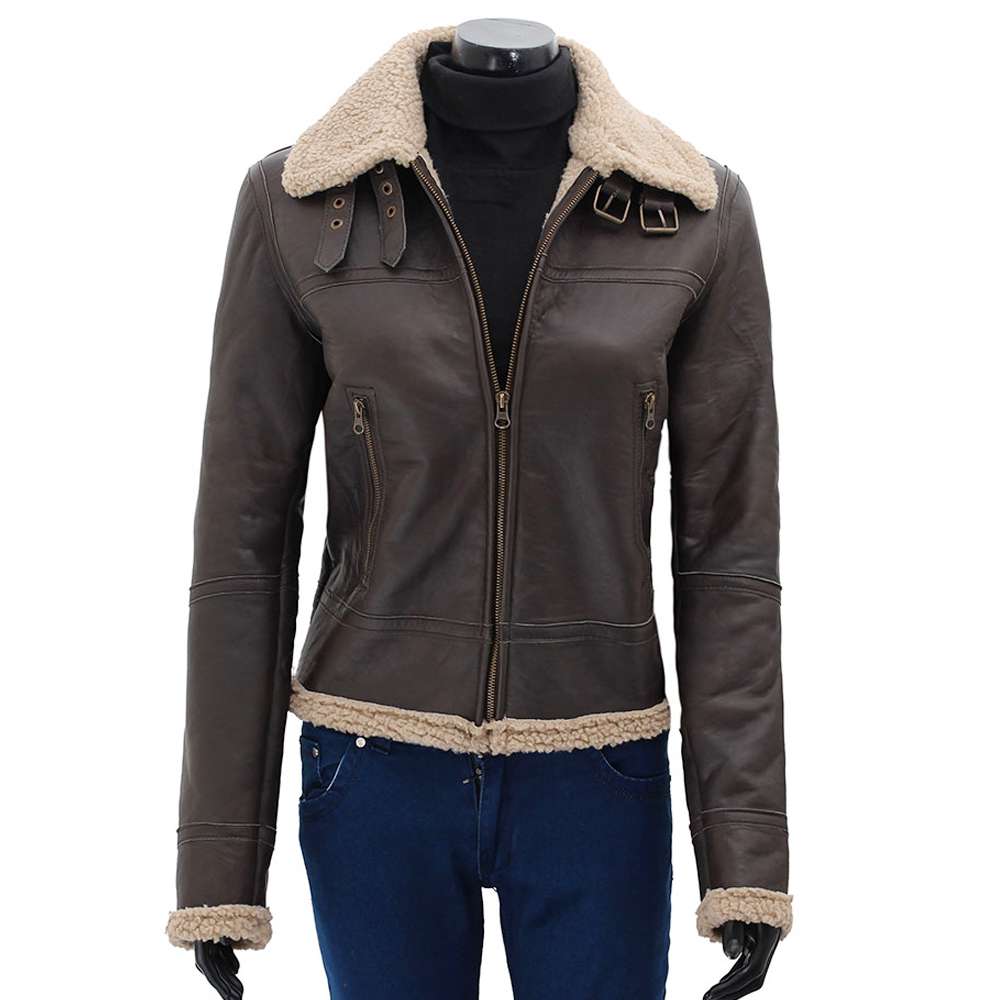 Women Dark Brown Bomber Shearling Leather Jacket - AMSEL LEATHERS