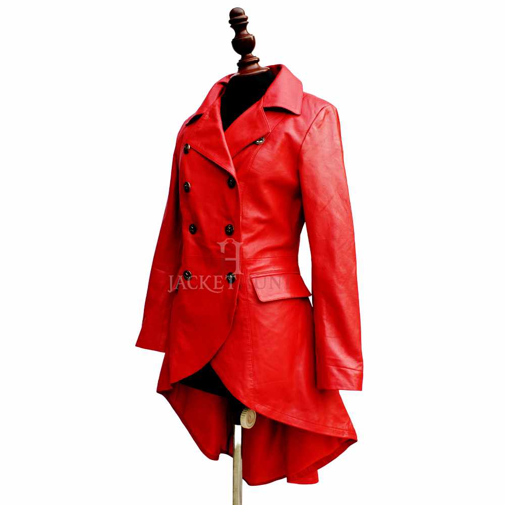 Women Double Breast Military Real Red Leather Coat - AMSEL LEATHERS