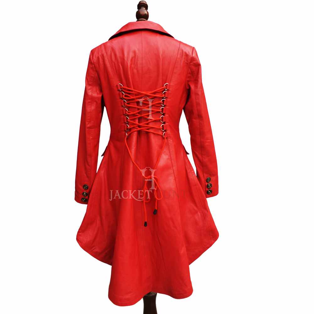 Women Double Breast Military Real Red Leather Coat - AMSEL LEATHERS