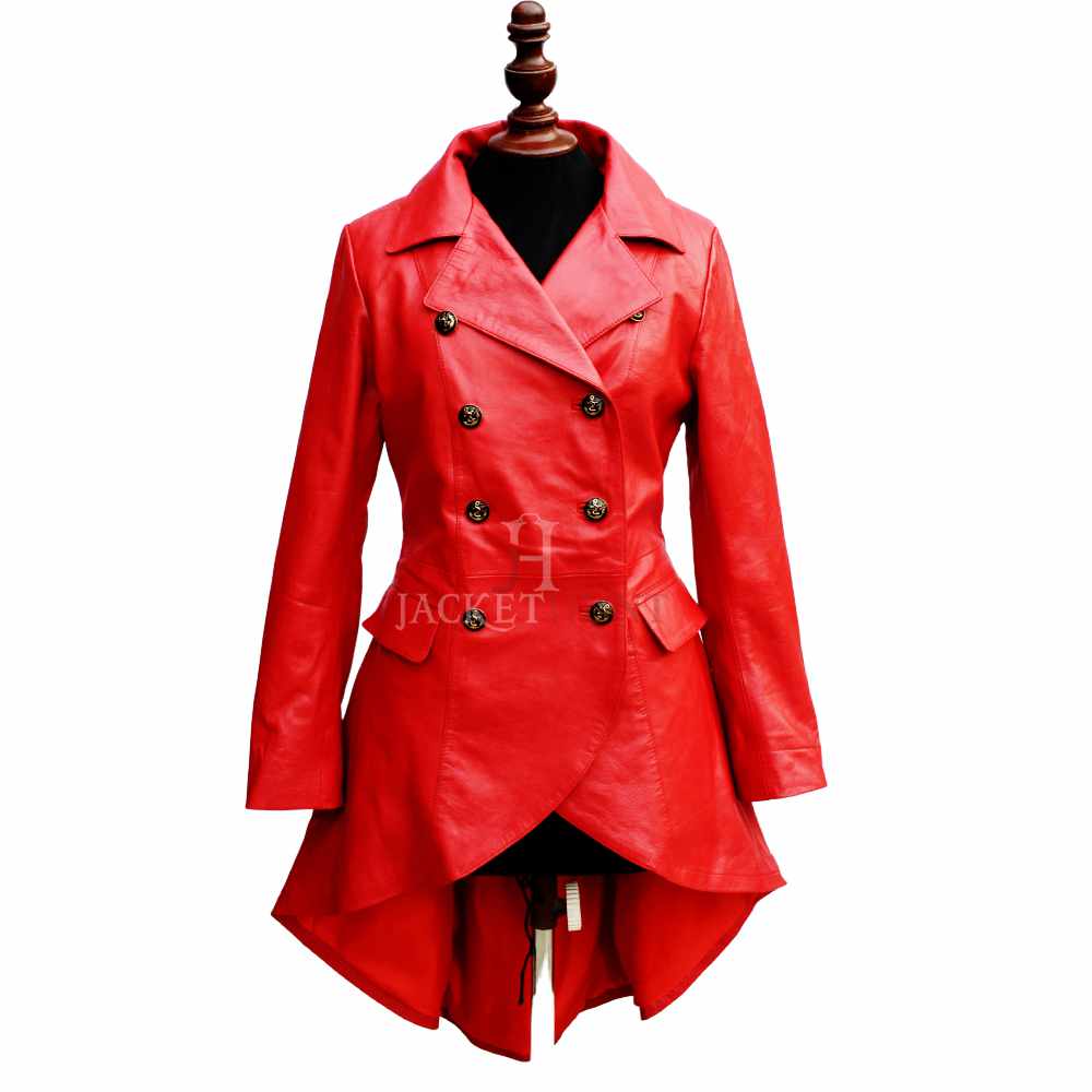 Women Double Breast Military Real Red Leather Coat - AMSEL LEATHERS