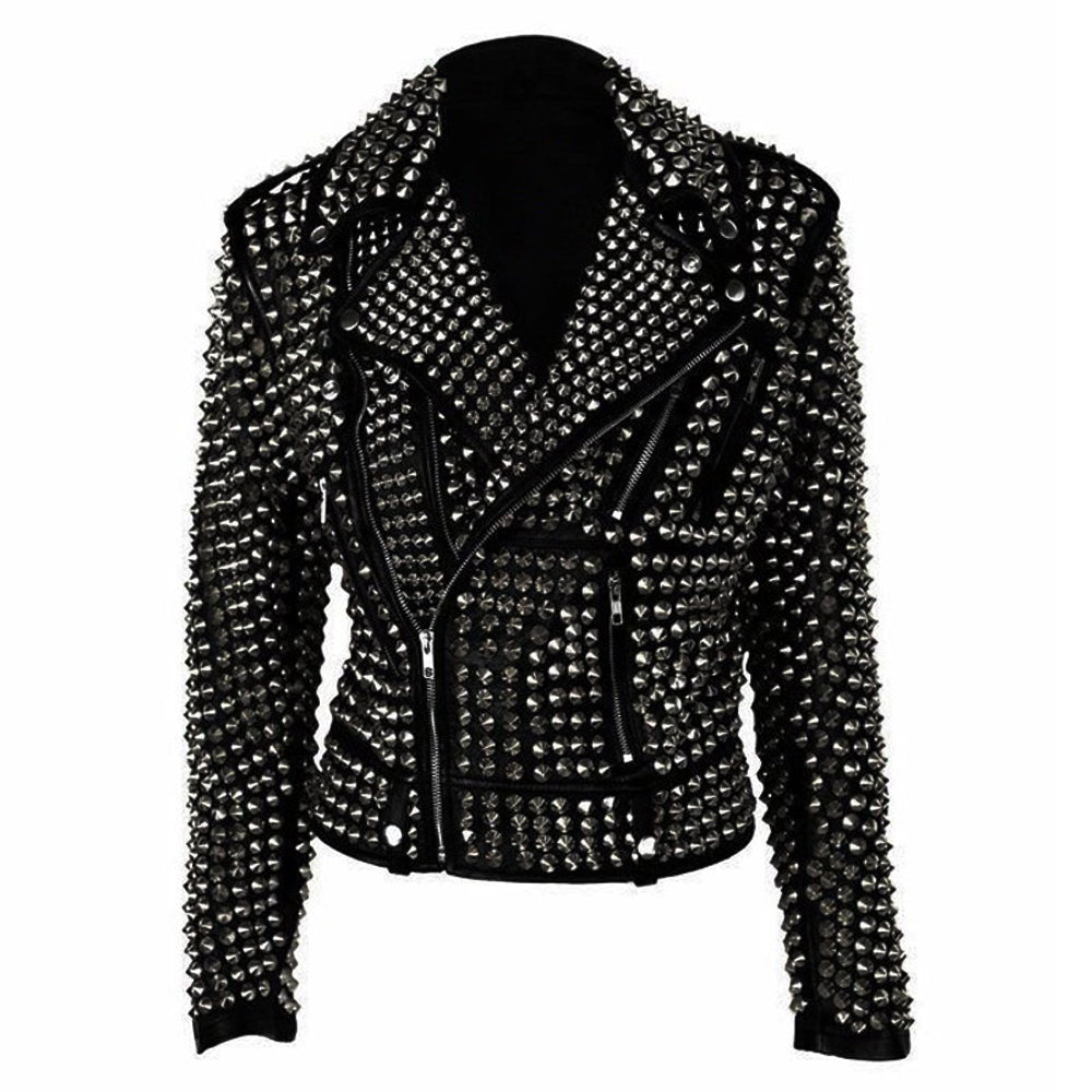 Women Golden Studded Heavy Metal Leather Jacket - AMSEL LEATHERS