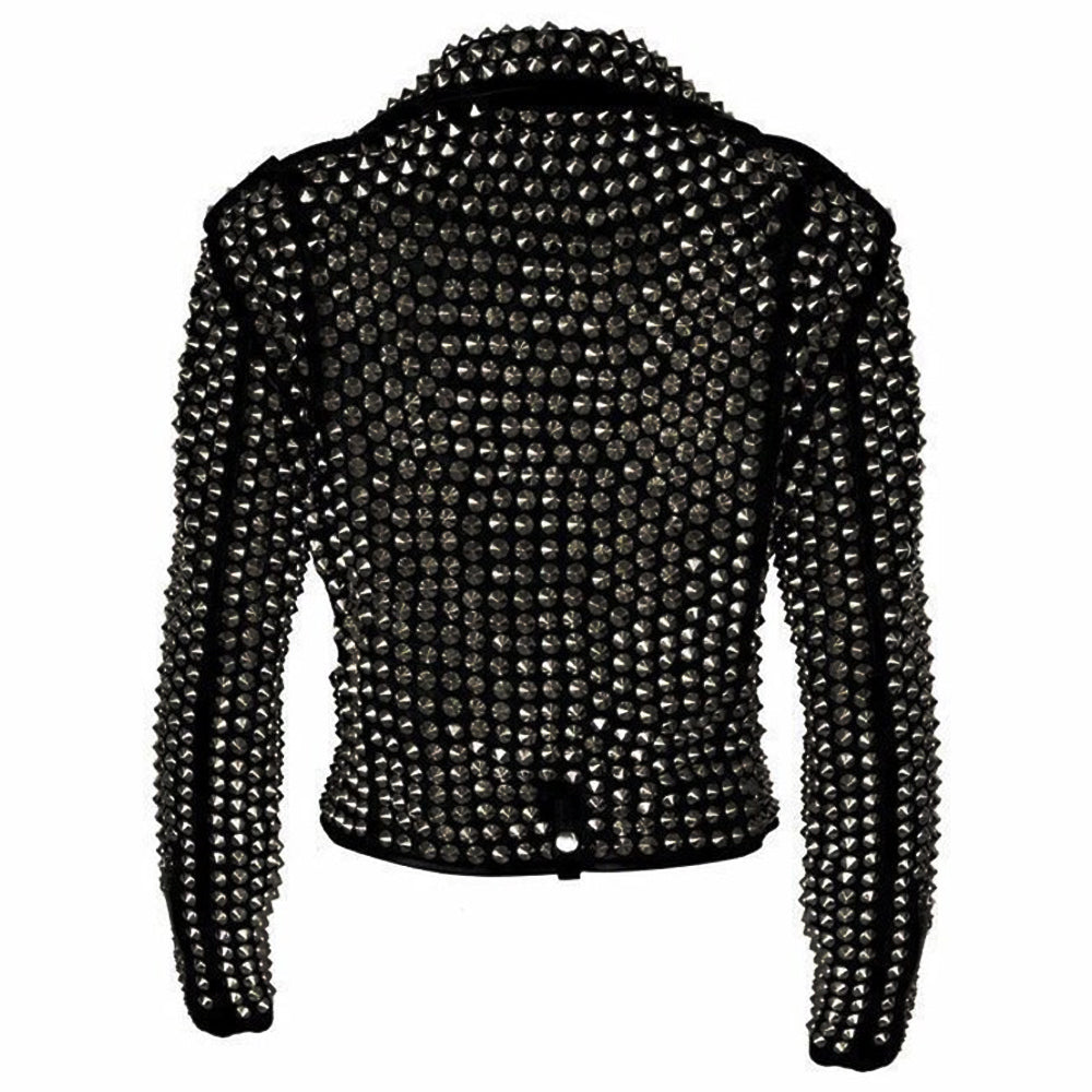 Women Golden Studded Heavy Metal Leather Jacket - AMSEL LEATHERS