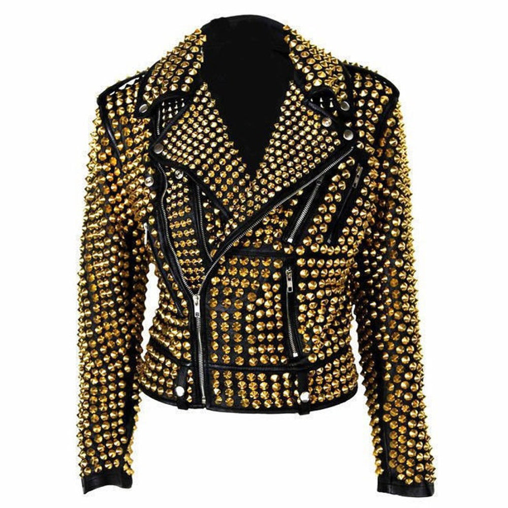 Women Golden Studded Heavy Metal Leather Jacket - AMSEL LEATHERS