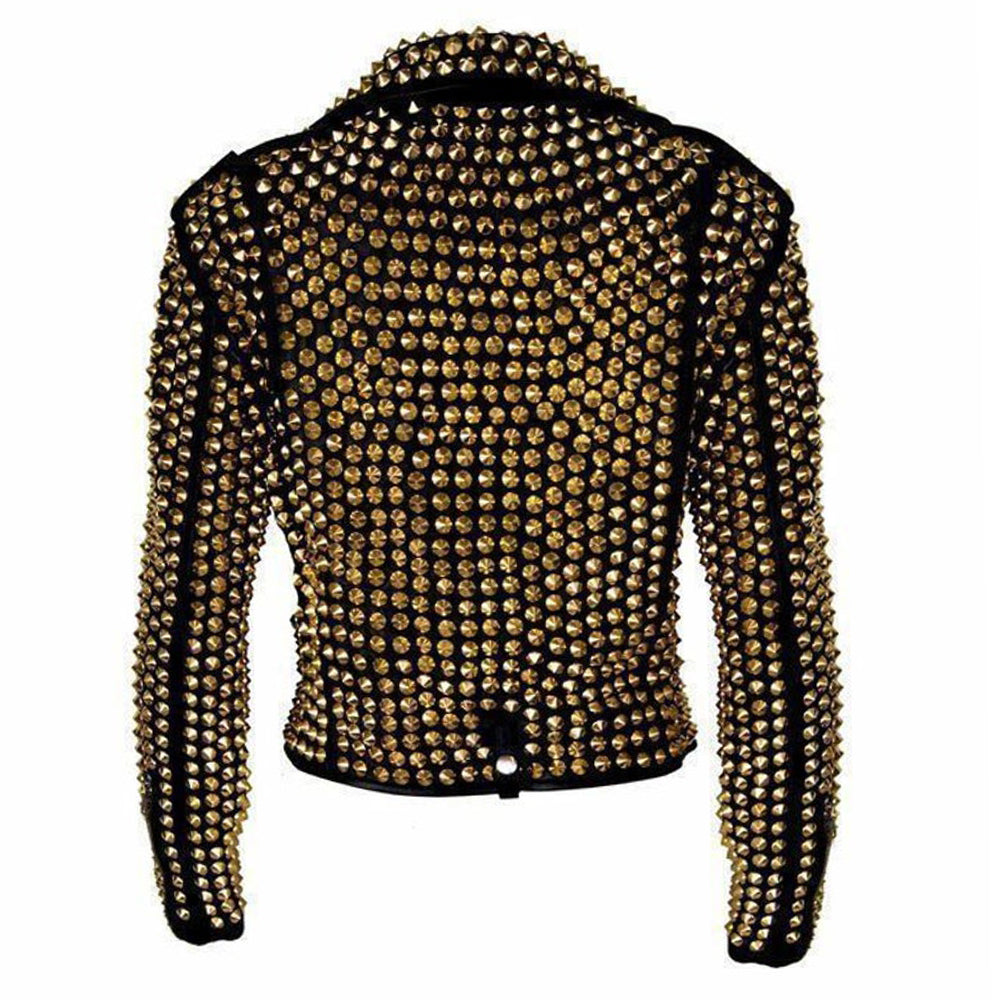 Women Golden Studded Heavy Metal Leather Jacket - AMSEL LEATHERS