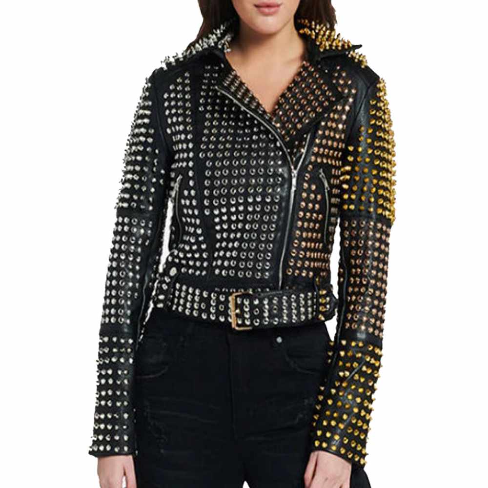 Women Punk Rock Black Leather Golden Silver Studded Leather Jacket - AMSEL LEATHERS