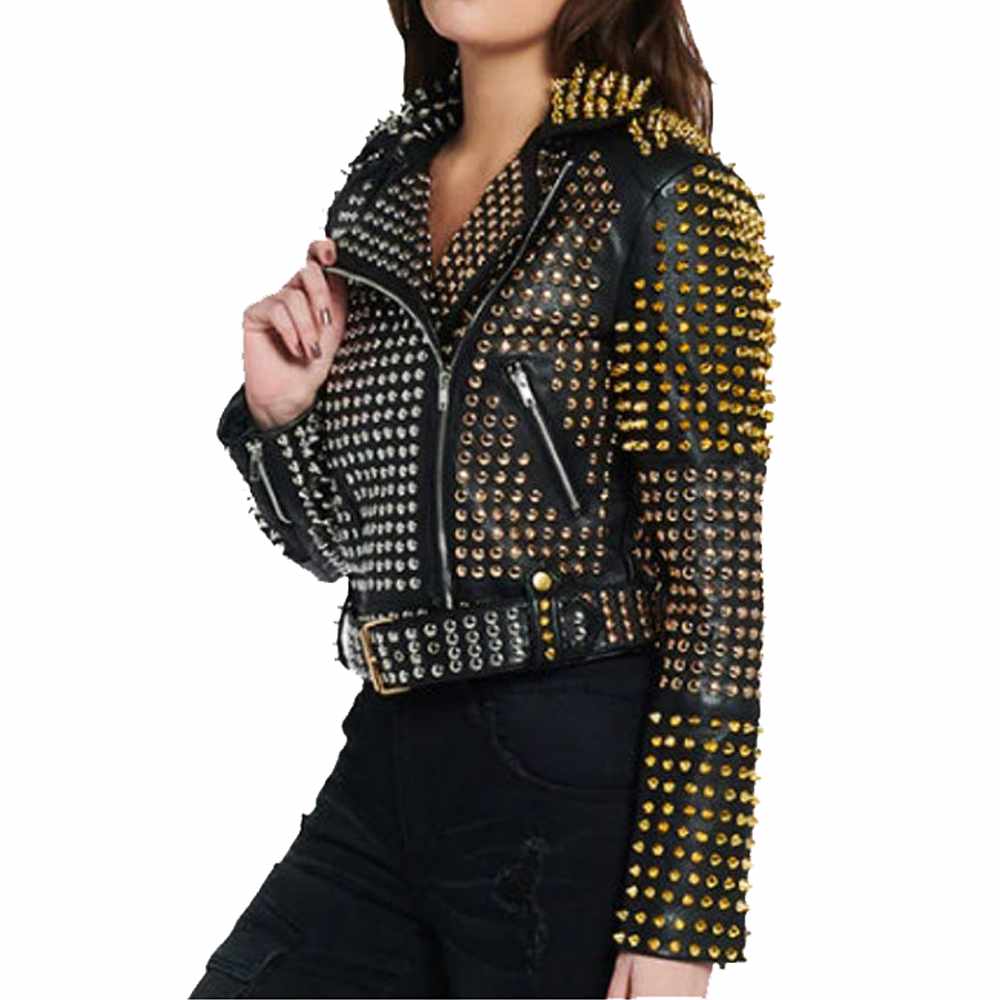 Women Punk Rock Black Leather Golden Silver Studded Leather Jacket - AMSEL LEATHERS