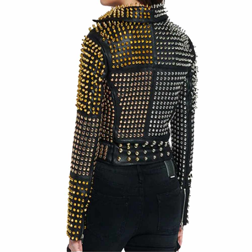 Women Punk Rock Black Leather Golden Silver Studded Leather Jacket - AMSEL LEATHERS