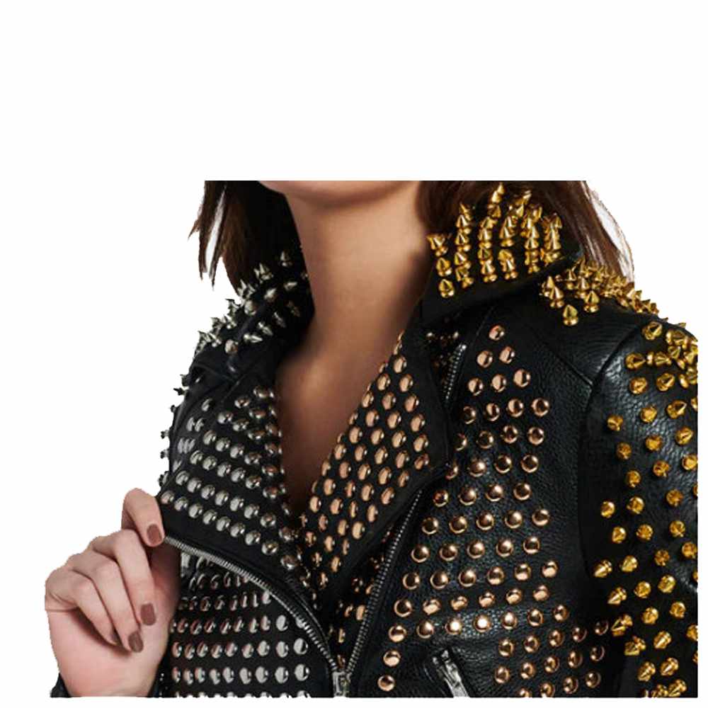 Women Punk Rock Black Leather Golden Silver Studded Leather Jacket - AMSEL LEATHERS