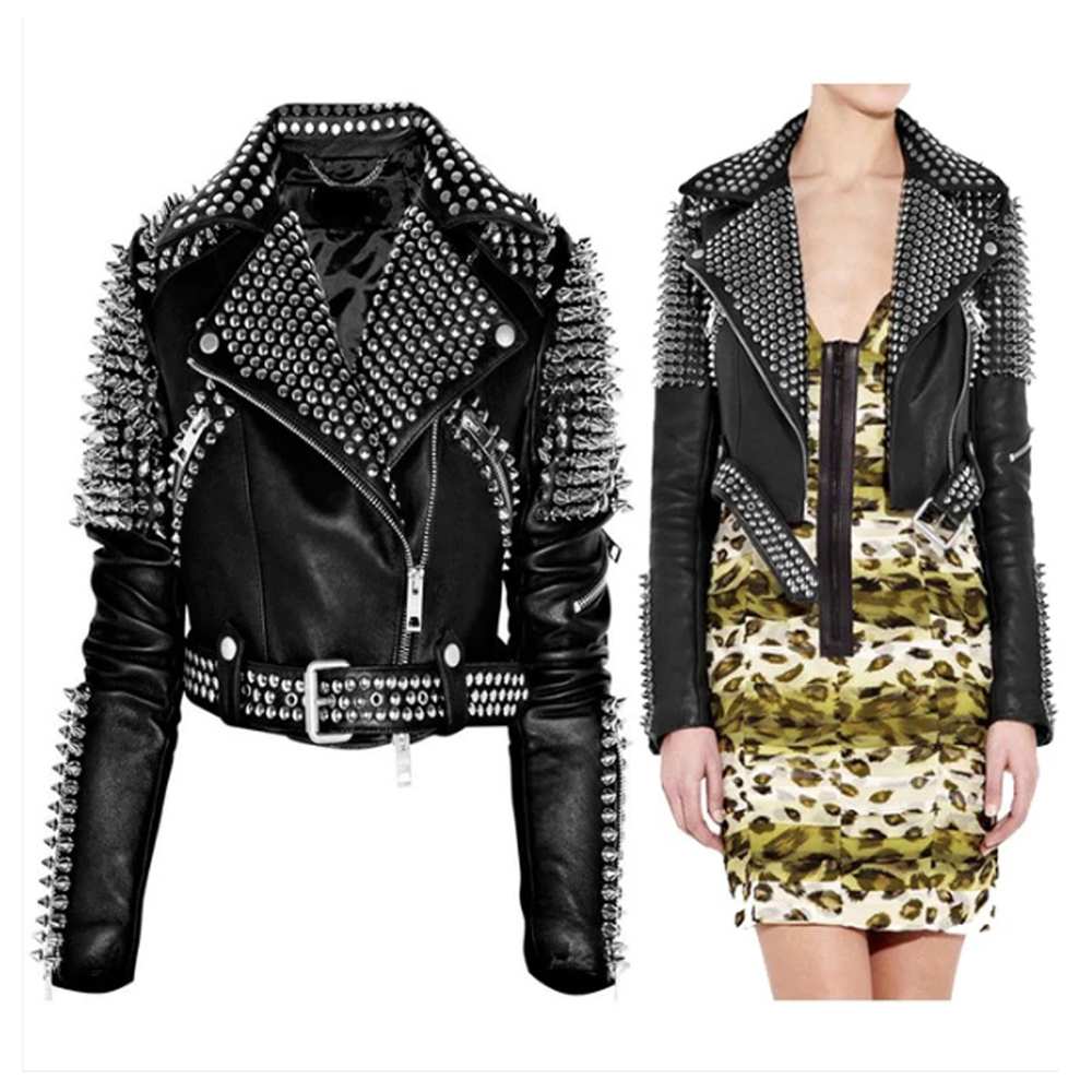 Women Punk Rock Silver Studded Biker Leather Jacket - AMSEL LEATHERS