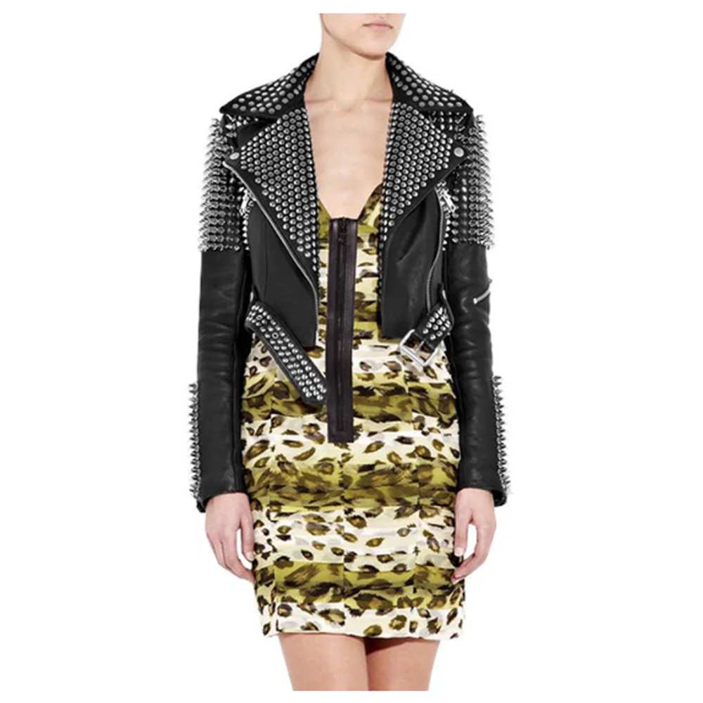 Women Punk Rock Silver Studded Biker Leather Jacket - AMSEL LEATHERS