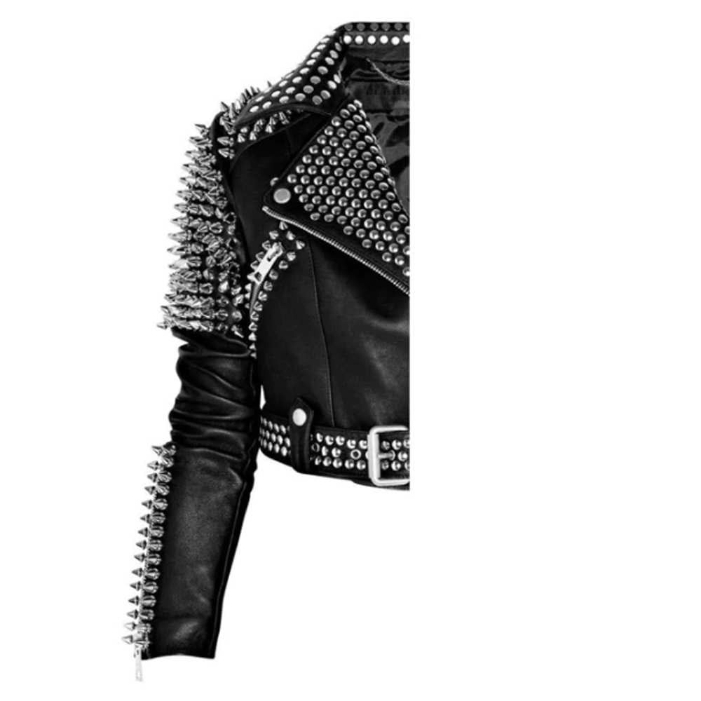 Women Punk Rock Silver Studded Biker Leather Jacket - AMSEL LEATHERS