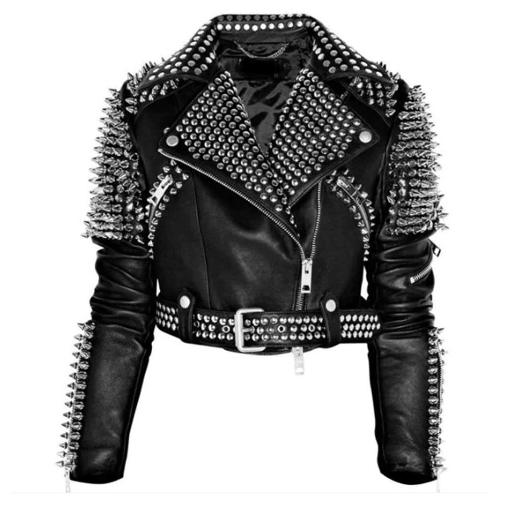 Women Punk Rock Silver Studded Biker Leather Jacket - AMSEL LEATHERS