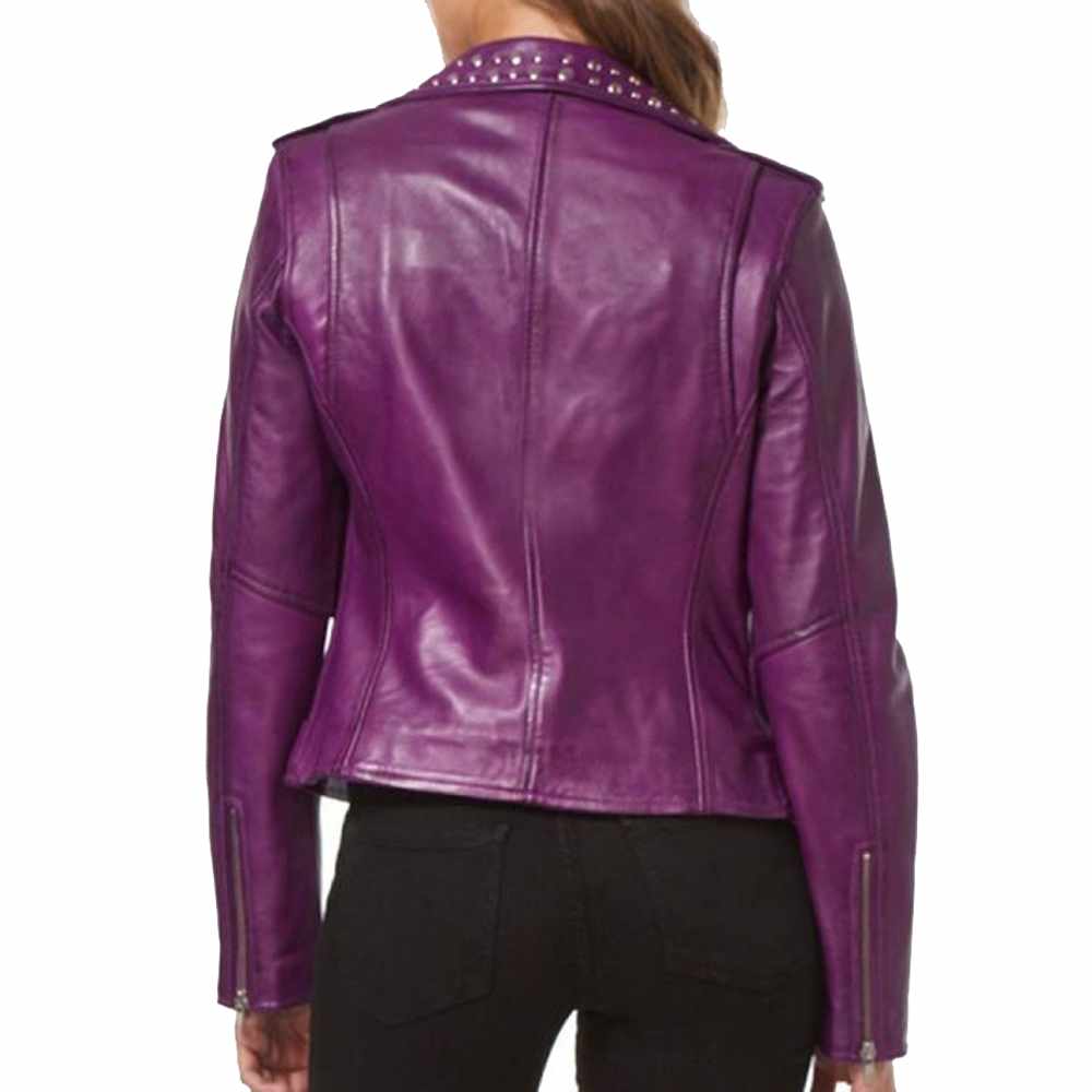 Women Purple Leather Studded Biker Fashion Jacket - AMSEL LEATHERS