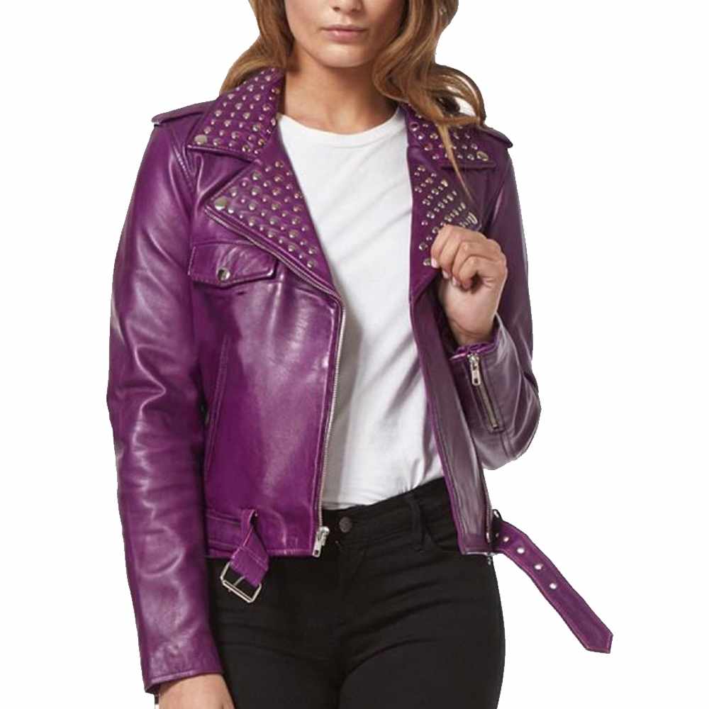 Women Purple Leather Studded Biker Fashion Jacket - AMSEL LEATHERS