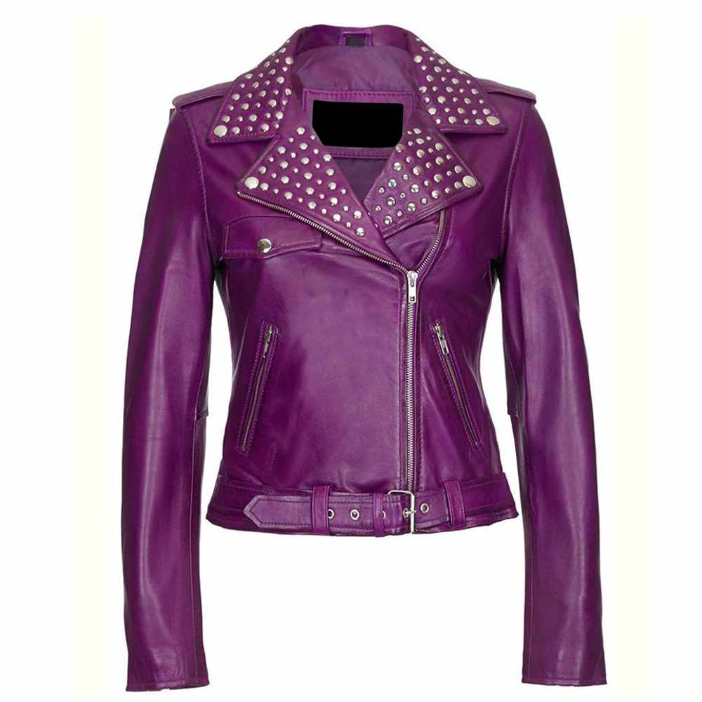 Women Purple Leather Studded Biker Fashion Jacket - AMSEL LEATHERS