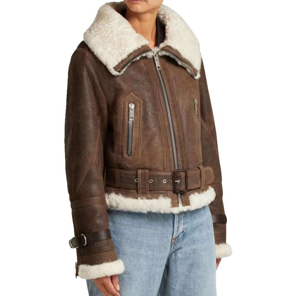 Women Shearling Flight Aviator Brown Leather Jacket - AMSEL LEATHERS