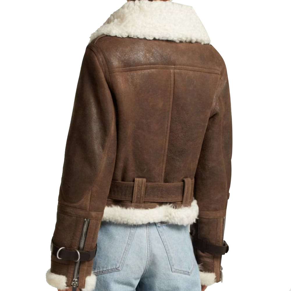 Women Shearling Flight Aviator Brown Leather Jacket - AMSEL LEATHERS