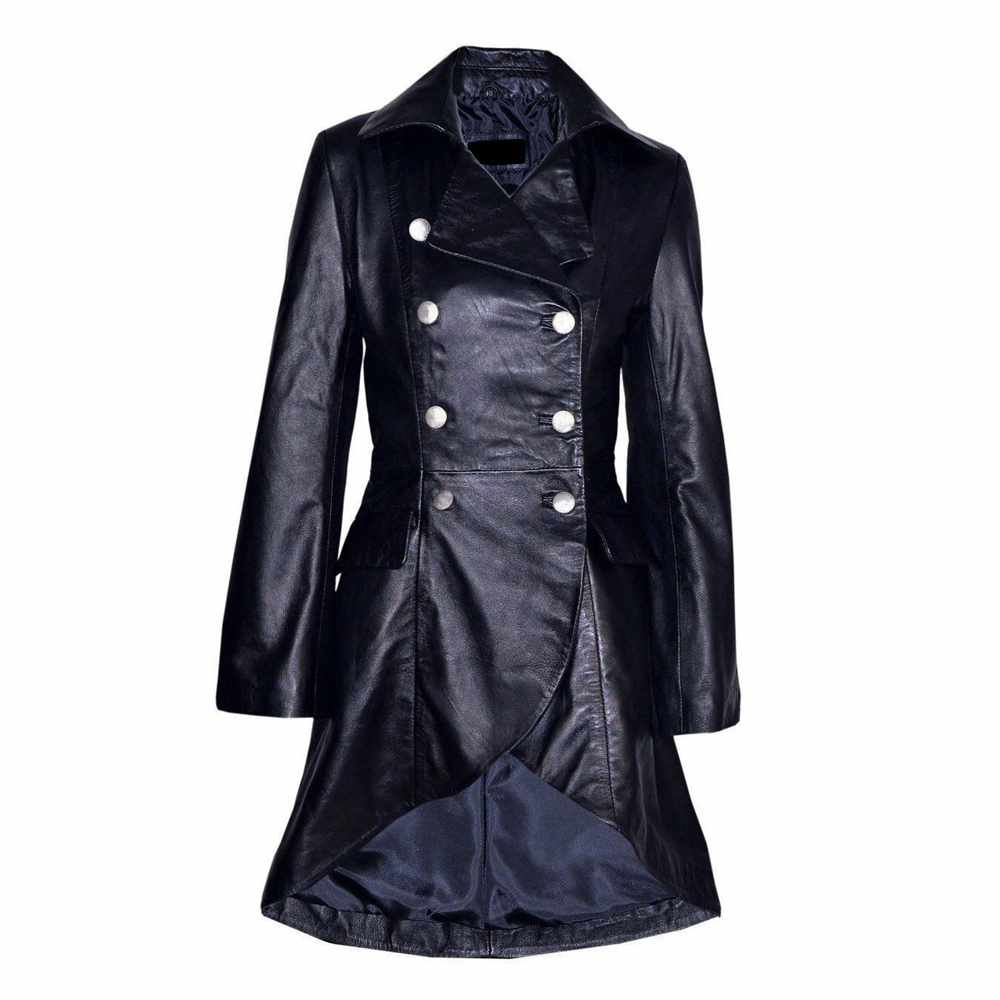 Women Victorian Double Breast Black Leather Coat - AMSEL LEATHERS