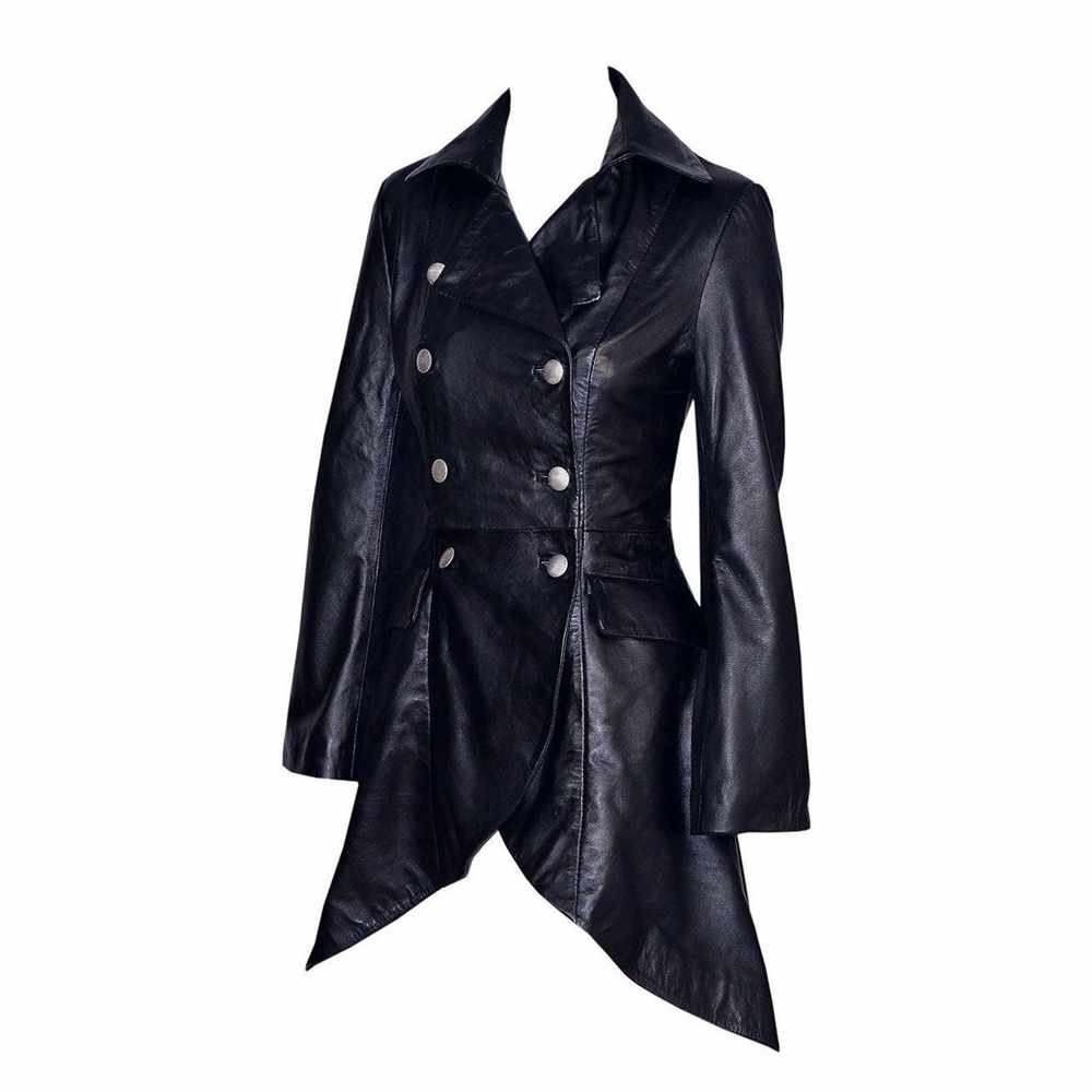 Women Victorian Double Breast Black Leather Coat - AMSEL LEATHERS