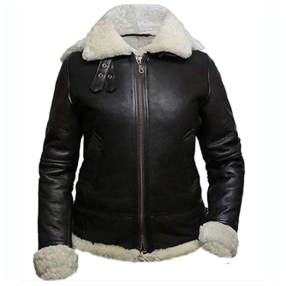 Women WW2 Aviator Pilot Shearling Black Leather Jacket - AMSEL LEATHERS