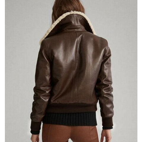 women’s sheepskin leather aviator jacket side angle