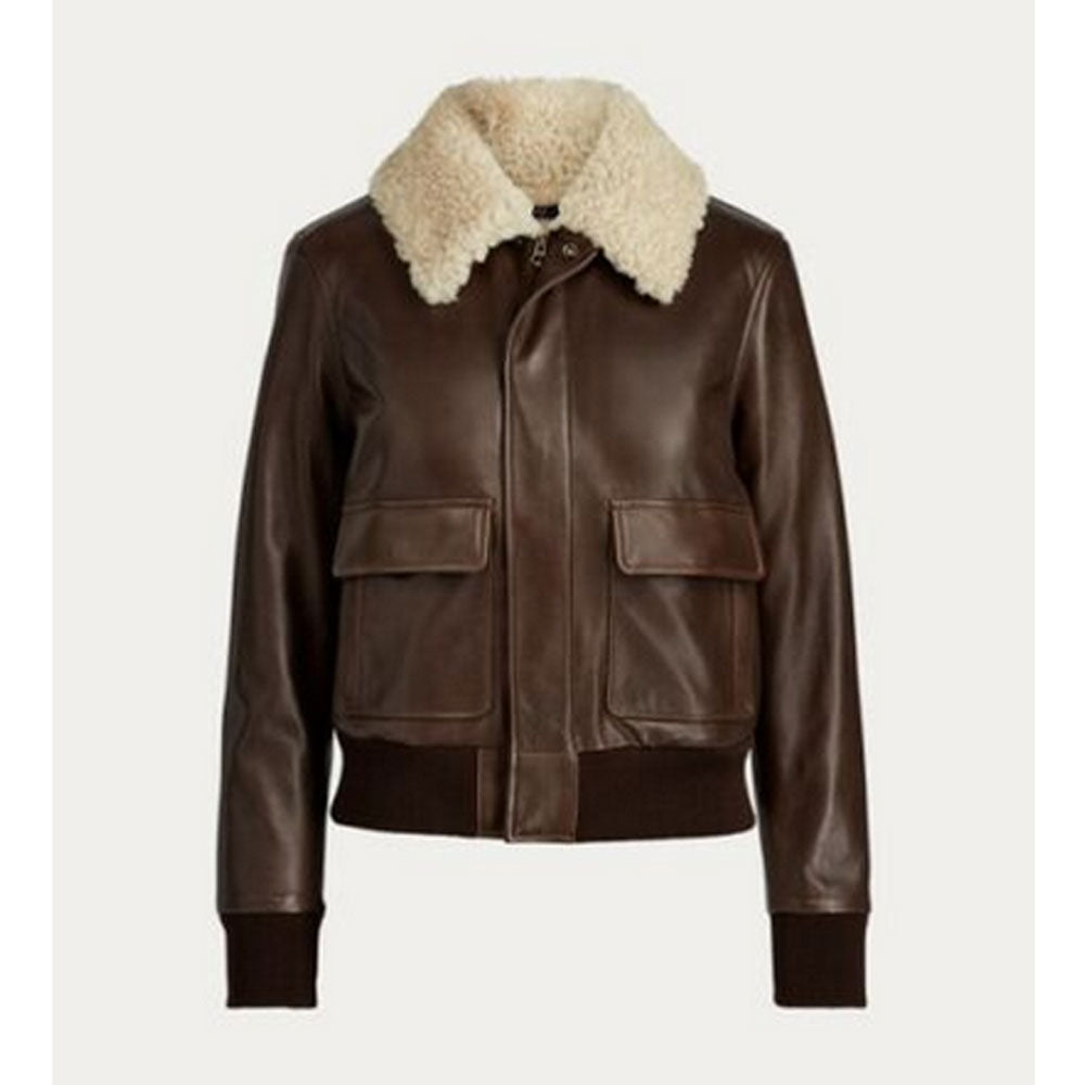 women’s sheepskin leather aviator jacket front view
