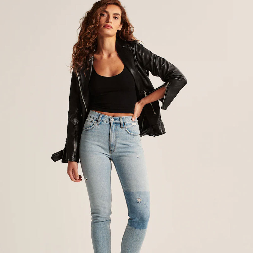 women’s lambskin leather biker jacket side angle