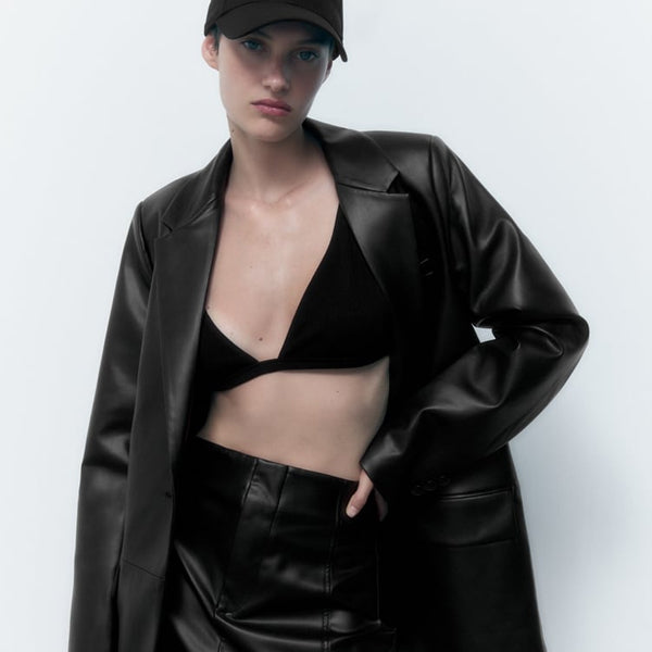 women's black leather leather coat amelie back view