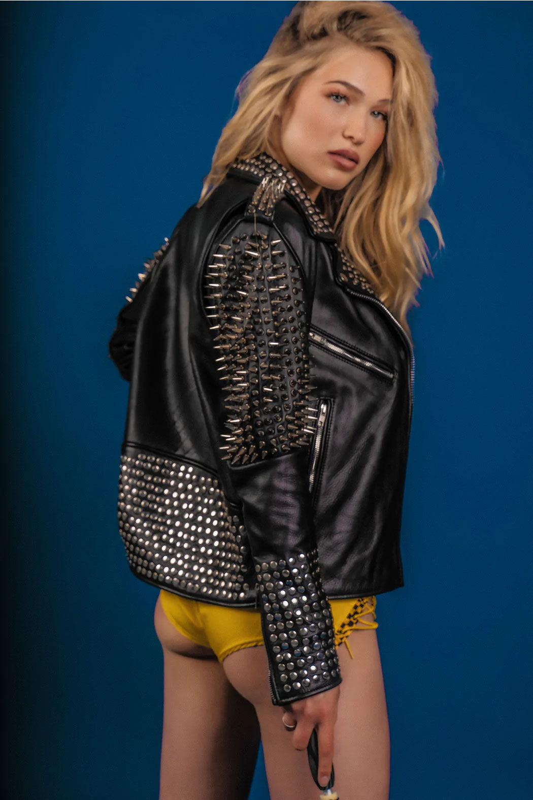 women's black studded leather biker jacket mira detail close up