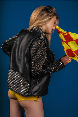women's black studded leather biker jacket mira styling view