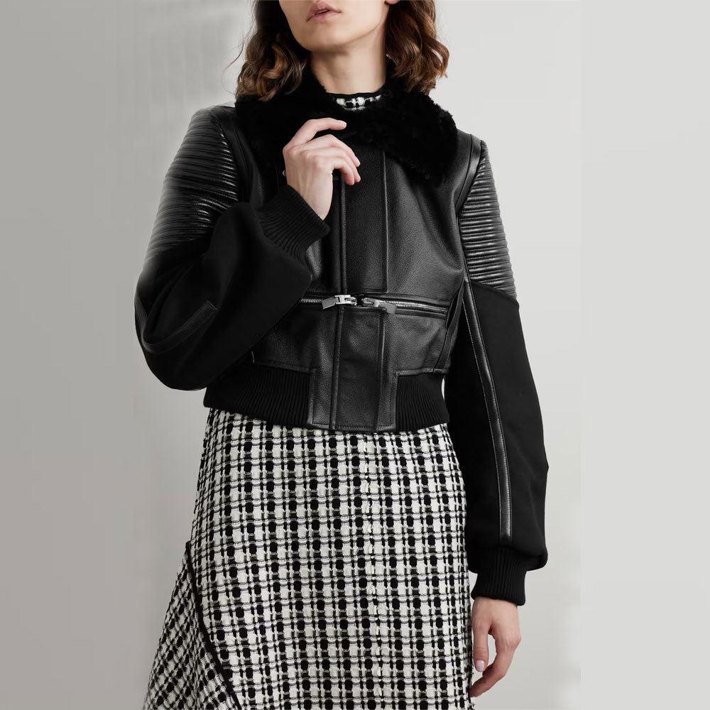women’s black sheepskin leather jacket side angle