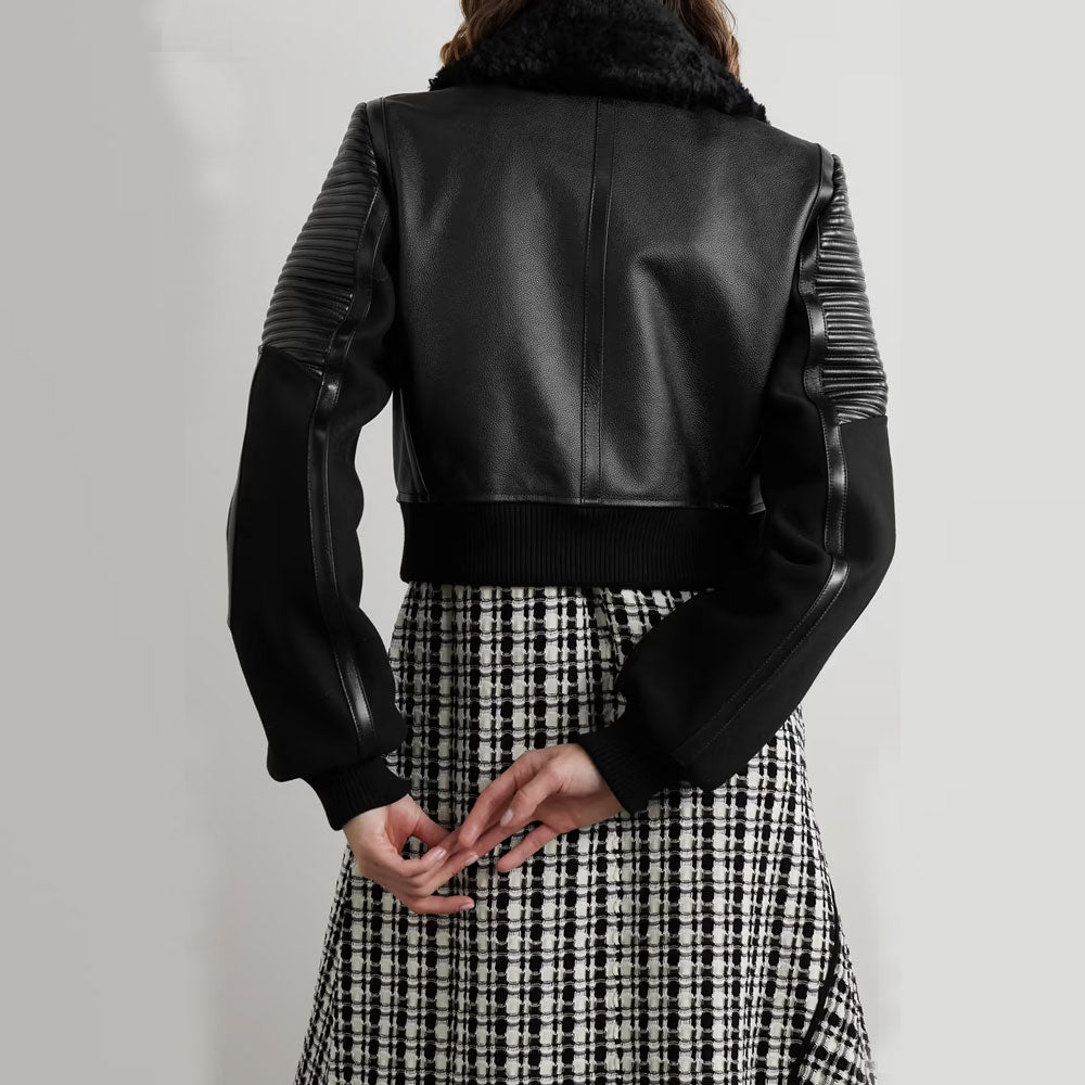 women’s black sheepskin leather jacket back view