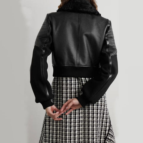 women’s black sheepskin leather jacket back view