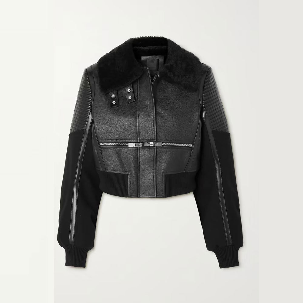 women’s black sheepskin leather jacket front view