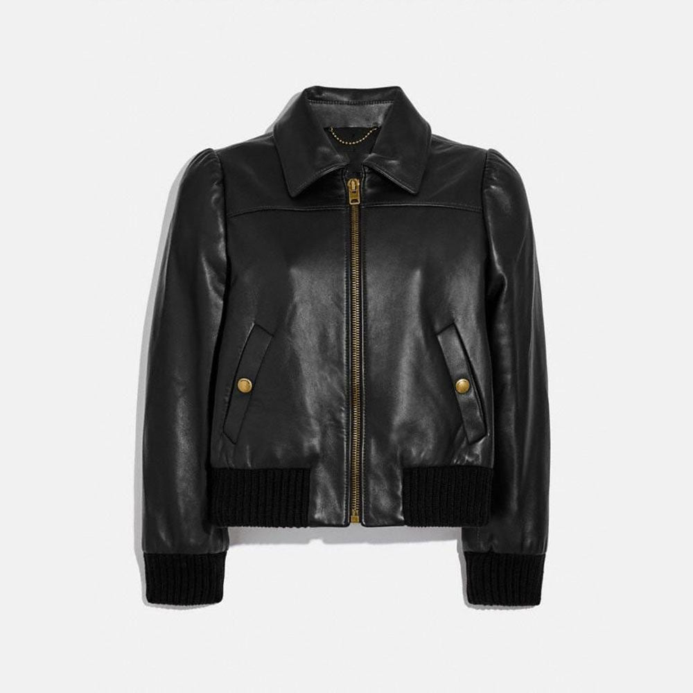 women’s black sheepskin leather aviator jacket front view