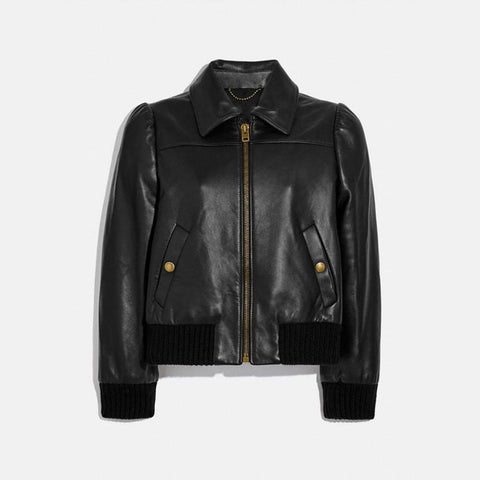women’s black sheepskin leather aviator jacket front view