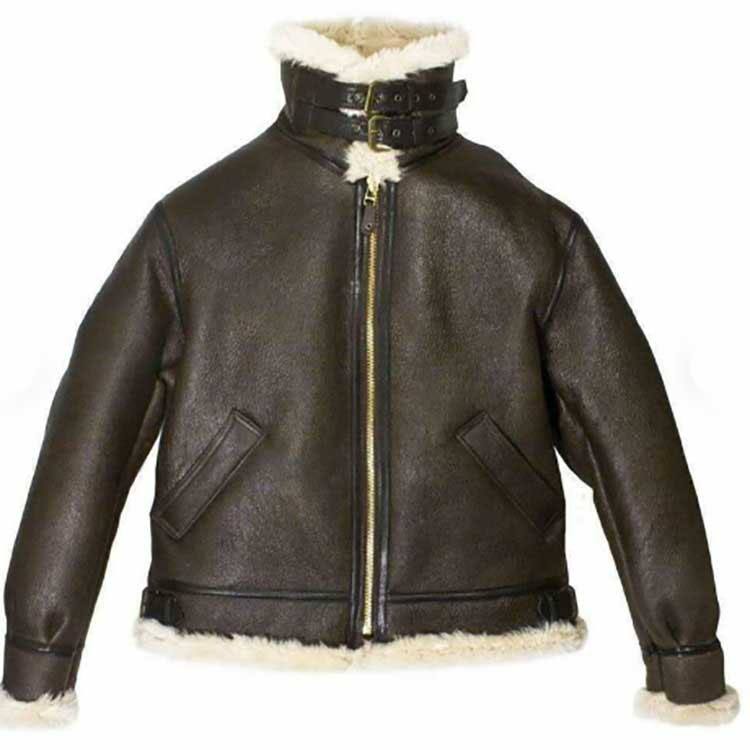 women’s brown sheepskin leather aviator jacket side angle